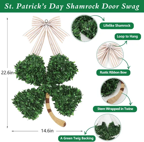 Vista 4 de DAZONGE Decoraciones del día de San Patricio, corona de trébol del día de San Patricio, guirnalda de puerta verde del día de San Patricio