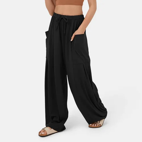 Vista 7 de Gumipy Pantalones holgados de pierna ancha para mujer, cintura elástica, con cordón, pantalones palazzo casuales con bolsillo lateral, pantalones
