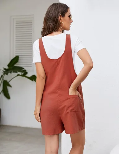 Vista 2 de Flygo Overol corto de lino y algodón para mujer, con bolsillos