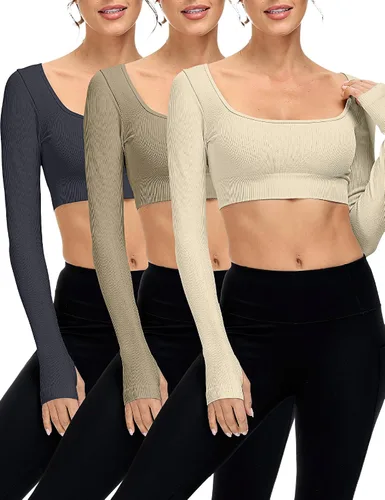 Vista 2 de Paquete de 3 camisetas cortas acanaladas sin costuras de manga larga con cuello cuadrado para mujer, entrenamiento, gimnasio, yoga