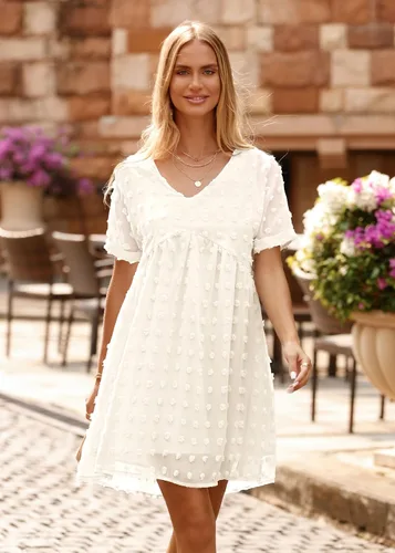 Vista 2 de KIRUNDO Vestido corto de manga corta de verano para mujer, vestido casual, suelto y con un cuello en V sexy, vestido holgado de punto suizo