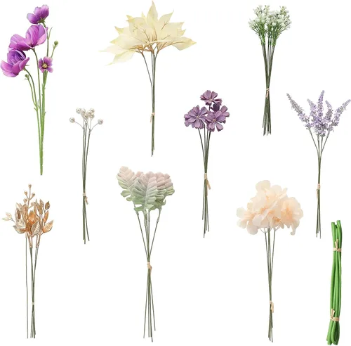 Vista 13 de Juego de tallos de follaje artificial, 59 piezas con 7 tipos de flores de follaje sintéticas para manualidades, ramos de novia, arreglos florales