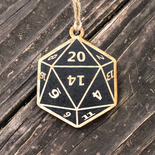 Vista 8 de Ornamento - Dado de 20 Caras - Madera en bruto pintada en negro 3x3 pulgadas