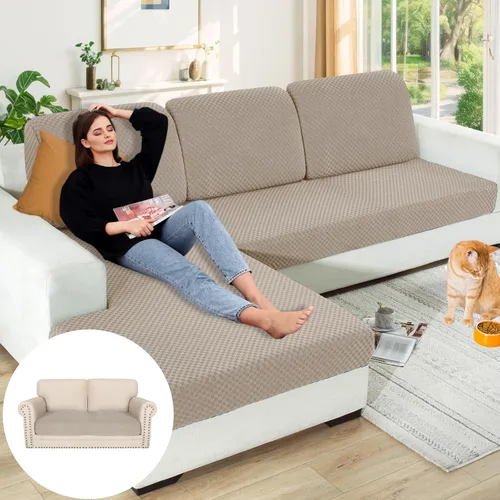 Vista 90 de YEMYHOM Funda de cojín para sofá, funda de cojín de asiento de alta elasticidad, tela jacquard geométrica de felpa, protector de sofá antideslizante