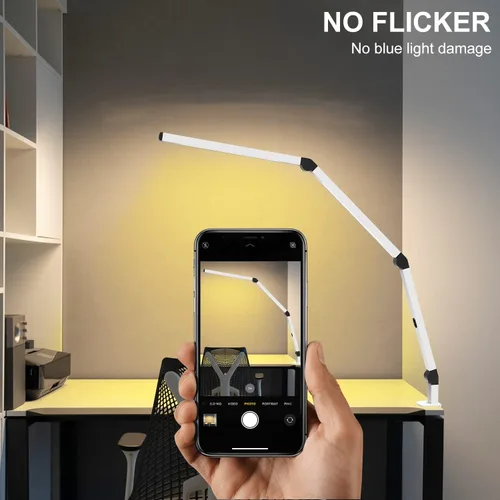 Vista 2 de Micomlan Lámpara de escritorio LED con abrazadera, lámpara de mesa de doble luz con brazo oscilante ajustable, cuidado de los ojos, 4 modos CCT y 5