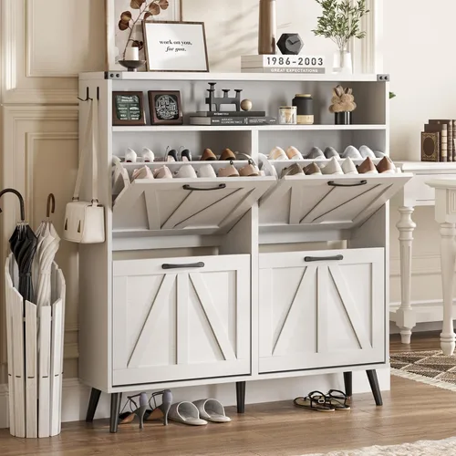 Vista 10 de Halitaa - Gabinete para zapatos con 2 cajones abatibles y almacenamiento abierto, gabinete de almacenamiento de zapatos estilo granja para entrada