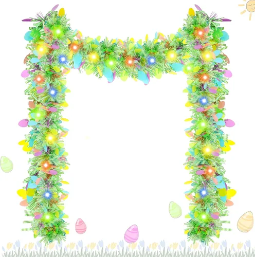Vista 8 de Chuangdi Guirnalda de oropel de Pascua de 16.4 pies con tira de luces LED, guirnalda de alambre metálico con alambre metálico, decoración