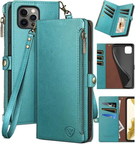 Vista 8 de XcaseBar Funda tipo cartera compatible con iPhone 14 Pro Max de 6.7 pulgadas con cremallera y tarjetero de crédito, bloqueo RFID, funda de piel