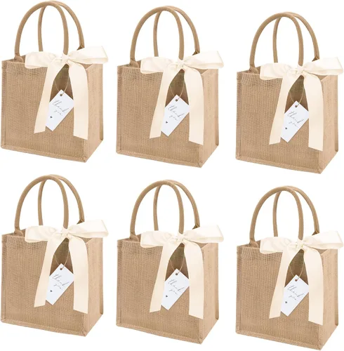 Vista 10 de Paquete de 6 bolsas de arpillera con asas reutilizables, mini bolsas de regalo de yute con cintas de seda azules, forro impermeable para bodas Lazo