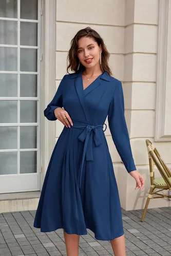 Vista 7 de GRACE KARIN Vestidos plisados de manga larga para mujer, con cuello en V, fluidos, para negocios, casual, acampanado, para negocios