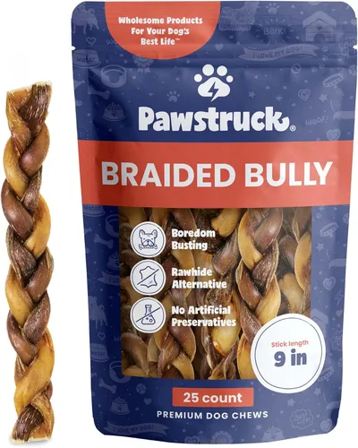 Vista 20 de Pawstruck Bully Sticks trenzados 100% naturales de 5 pulgadas, bolsa de 1 libra, masticables para perros de un solo ingrediente sin cuero crudo