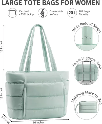 Vista 3 de Bolsa Tote Acolchada para Mujeres, Bolsa de Mano de Trabajo Ligera y Esponjosa para Maestras y Enfermeras, Bolsa de Hombro Acolchada para Escuela