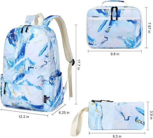 Vista 2 de Imyth Mochila para adolescentes y niñas, regalo escolar, bolsa de almuerzo, bolsa de lápices 3 en 1 (azul mármol)
