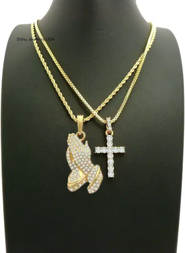 Vista 3 de Mens Iced Out Oro rezando mano Micro Cruz Colgante Caja cuerda cadena collar conjunto de 2