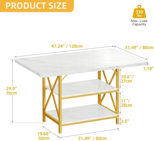 Vista 2 de DWVO Mesa de comedor rectangular de 47 pulgadas para 4 personas, mesa de cocina moderna de mármol blanco con estante de almacenamiento y patas
