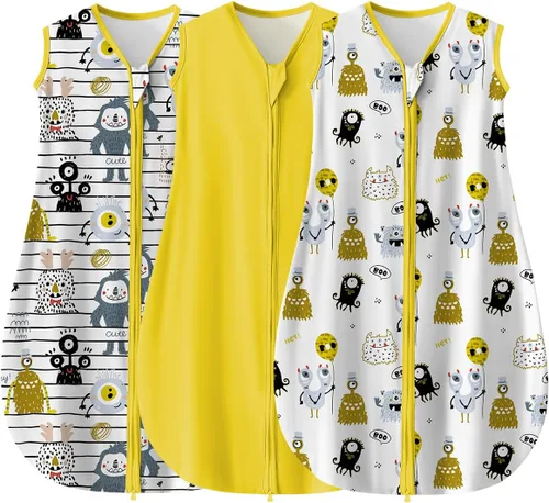 Vista 3 de Paquete de 3 Saco de dormir para bebé, sin mangas, cremallera de 2 vías, saco de dormir transpirable para niños pequeños