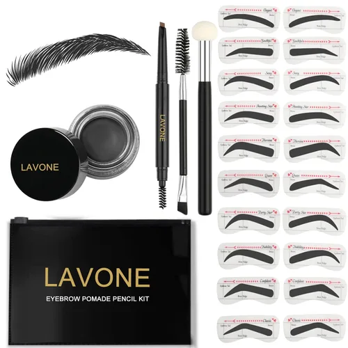 Vista 19 de LAVONE Kit de plantillas para cejas, trío de sellos para cejas con lápiz impermeable, pomada, 20 plantillas, cepillo de doble punta y aplicador