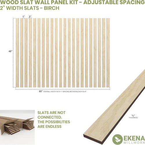Vista 2 de Ekena Millwork Kit de panel de pared de listones de madera ajustables de 47 pulgadas de alto x 3/8 pulgadas de alto, con listones de 2 pulgadas