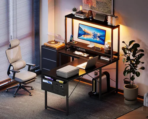 Vista 9 de AODK Escritorio en Forma de L para Gaming con Luz LED y Toma de Corriente, Mesa de Computadora Reversible en Forma de L de 43 Pulgadas con Estante