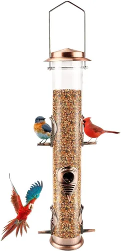 Vista 16 de MIXXIDEA 1PK Alimentadores de pájaros metálicos con 6 puertos de alimentación, alimentador de pájaros de tubo con colgador de acero, alimentador