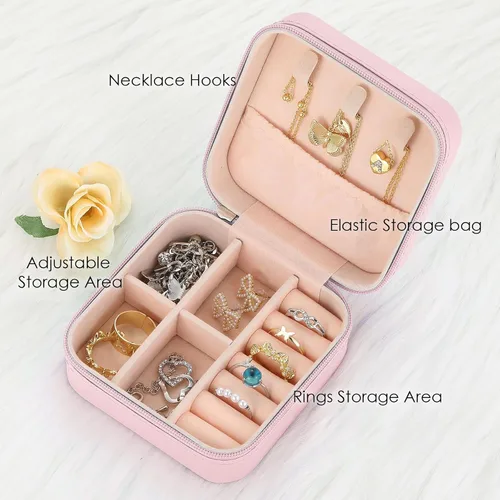 Vista 3 de Souarts Joyero de viaje, caja de joyería pequeña de PU y organizador, estuche de joyería de viaje rosa para mujeres y niñas, anillo organizador