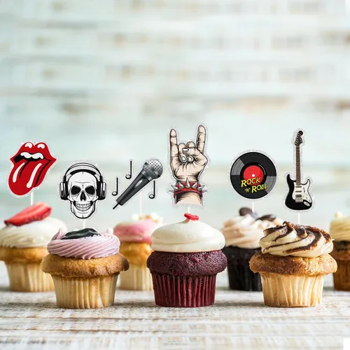 Vista 5 de Decoración para cupcakes de postre Rock and Roll, 18 piezas de decoración de pastel de cumpleaños con temática musical retro de los años 80