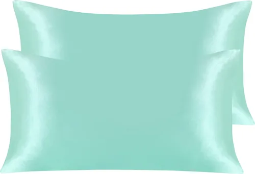 Vista 21 de NTBAY Paquete de 2 fundas de almohada estándar de satén para cabello y piel, lujosas y sedosas fundas de almohada con cierre de sobre, 20 x 26