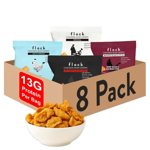 Vista 9 de Flock Chips de piel de pollo Keto Hattie B's Nashville Hot Flavor Pieles de pollo fritas bajas en carbohidratos, altas en proteínas, sin azúcar