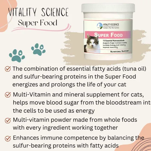Vista 2 de Vitality Science Súper alimento para gatos Suplemento multivitamínico y mineral de alta potencia Aumenta la energía y la vitalidad 100%