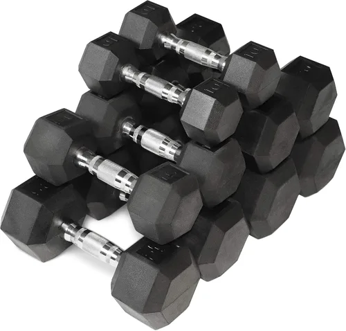 Vista 11 de WF Athletic Supply - Juego de mancuernas hexagonales con revestimiento de goma y peso de 5 a 25 libras; con soporte con forma de A para a. Juego