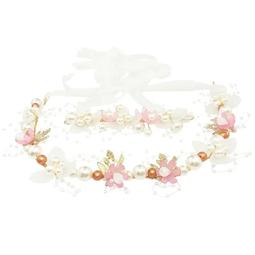 Vista 4 de Tocado de flores de perlas de boda con ramillete de muñeca a juego para mujer, accesorios para fiesta de cumpleaños (estilo rosa)