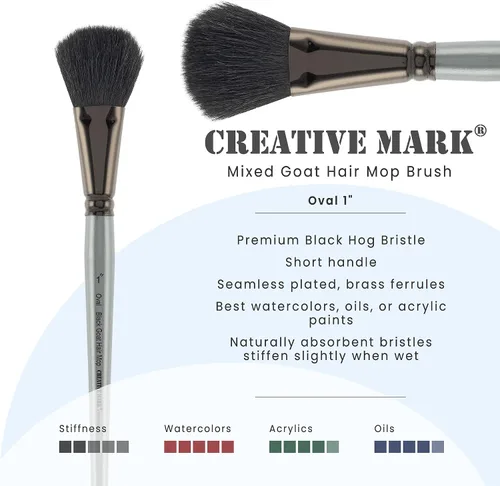 Vista 2 de Creative Mark Pinceles para mopa de pelo de cabra blanca natural, pinceles para pintura acrílica, aceite, acuarela y más, ovalados, tamaño 1 pulgada