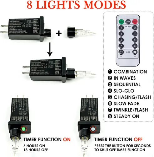 Vista 5 de Guirnalda de 200 luces LED de 66 pies con mando a distancia, luz parpadeante enchufable para exteriores e interiores 8 Modes, Timer, Dimmable