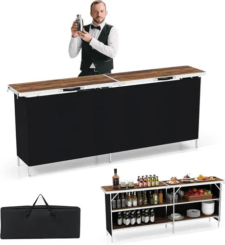 Vista 11 de Giantex Mesa de bar portátil para eventos, estación móvil plegable con estantes de almacenamiento, falda de privacidad extraíble, funda de Negro