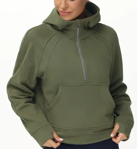 Vista 3 de Tmustobe Sudaderas con capucha de media cremallera para mujer, de manga larga, con forro polar, sin botones, con bolsillo