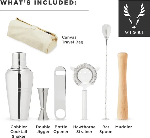 Vista 2 de Viski Juego de 6 piezas de barman de viaje, mezcladores de bebidas para cócteles, artículos esenciales de regalo: coctelera clásica de zapatero