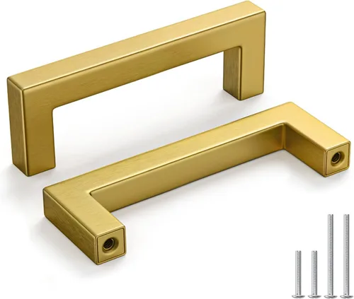 Vista 17 de Homdiy Paquete de 30 tiradores de bronce cepillado dorado de 3- 1/2 pulgada, cuadrados, herrajes para gabinete de cocina, armarios; 3- 1/2 pulgadas