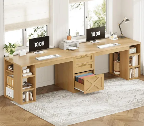 Vista 9 de SEDETA Farmhouse 96.5" 2 Person Computer Desk with Storage Drawers White and Brown