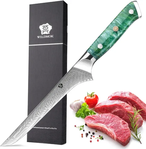 Vista 12 de WILDMOK Cuchillo deshuesador japonés de Damasco de 7 pulgadas, grado profesional, mango de espiga completa de resina
