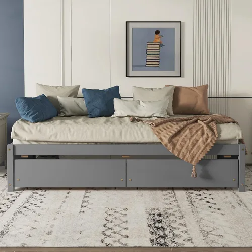 Vista 3 de HomSof Cama individual con 2 cajones, madera maciza, no necesita somier, gris