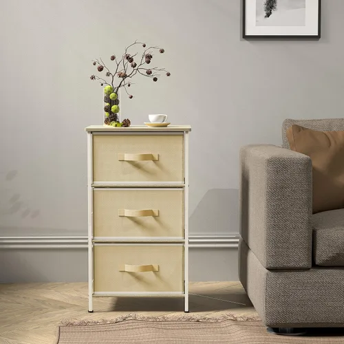 Vista 4 de Simple Houseware Cómoda mesita de noche de 3 cajones con superficie de madera, beige