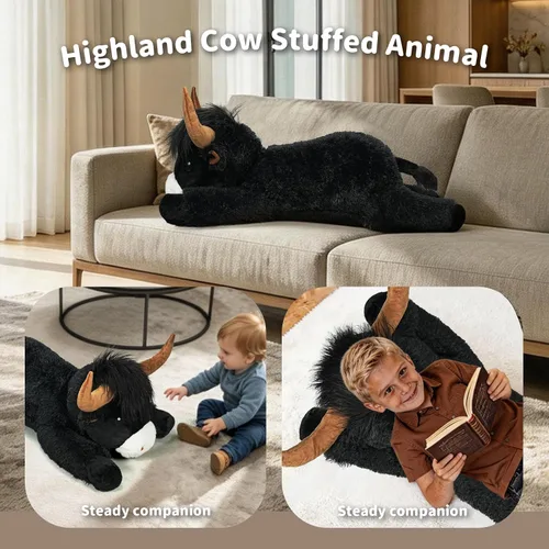 Vista 5 de Peluche de vaca gigante de las tierras altas de 39 pulgadas, juguete de peluche de ganado grande para niños y adultos, almohada de peluche esponjosa