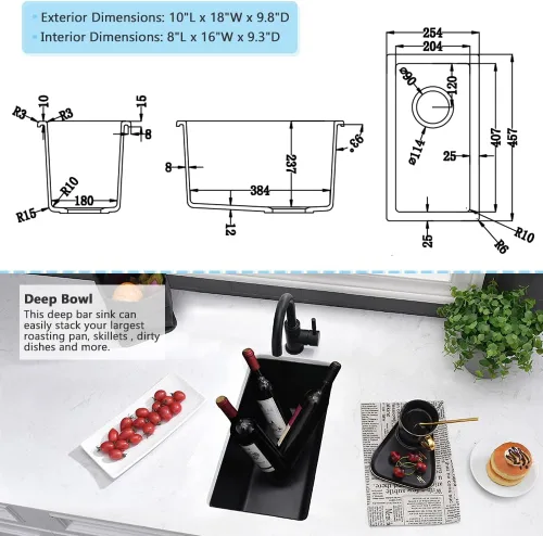 Vista 6 de Fregadero de barra negro Undermount-VASOYO - Fregadero de cocina pequeño de 10 x 18 pulgadas, fregaderos de cocina para exteriores, para caravana