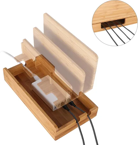Vista 3 de Estación de carga de escritorio multidispositivo de madera de bambú Soporte de cargador compatible con iPhone 16 15 14 13 12 11 Pro Max iPad mini