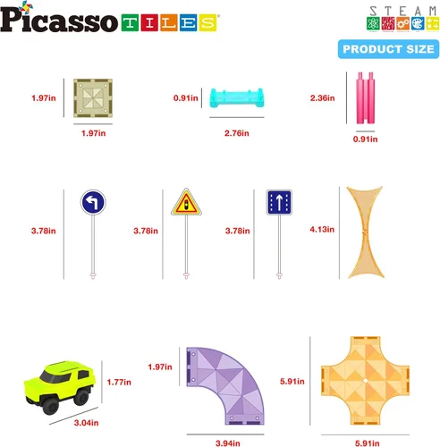 Vista 6 de PicassoTiles Pista de Carreras de Coches Magnéticos Azulejos Viaje Juguetes Sensoriales Imantados para Niños Pequeños STEM Educativo Aprendizaje
