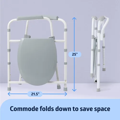 Vista 3 de Medline Cómoda plegable 3 en 1 gris oscuro con asiento alargado, tratado con microban, portátil, ajustable, duradero, ideal para pacientes médicos