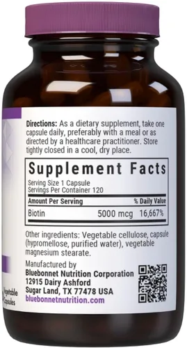 Vista 2 de Bluebonnet Nutrition Biotin 5000 mcg, soporte para el cabello y las uñas*, sin OMG, vegano, certificado Kosher, sin gluten, sin soja, sin lácteos