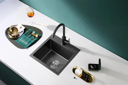 Vista 2 de Fregadero de barra empotrable de 13 × 15 pulgadas negro - Fregadero de cocina pequeño de montaje superior de un solo cuenco, hecho a mano de acero