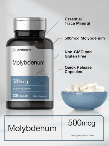 Vista 4 de Horbaach Molibdeno Suplemento 500mcg 200 Cápsulas Quelato de aminoácidos Sin OMG, sin gluten