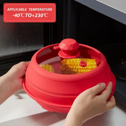 Vista 4 de Funda de silicona plegable para microondas, tapa de salpicaduras multifunción ventilada con plato de vidrio para cocinar alimentos y tocino, apto